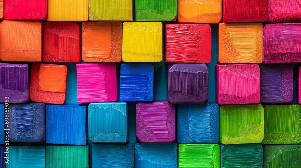 Poster a colorful wall made of wooden blocks. the blocks are of different colors and sizes, creating a vibr