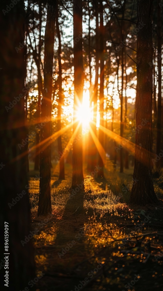 Poster sunlight streams through trees in a forest at sunset