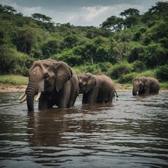 Fototapeta premium A family of elephants bathing in a river.