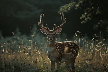 Majestic spotted deer with antlers stands alert in misty field at dawn. Nature's beauty captured in golden light.