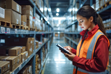 Efficient Logistics: Focused female Worker Optimizes Inventory with Handheld Scanner. Warehouse woman Worker Manages Inventory with Tech and Precision. generative AI