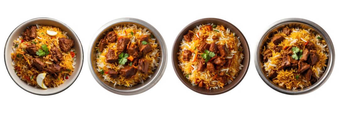 Set of Biryani Bliss Delicious Beef Biryani Isolated on a Transparent Background. Ramadan dinner, spicy, indian food, Iftar meal,  