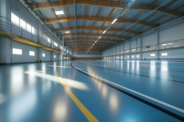 Fototapeta premium A modern indoor velodrome with well-lit and vibrant cycling tracks, perfect for professional cyclists and enthusiasts alike. The spacious arena provides ample room for riders to train and compete.