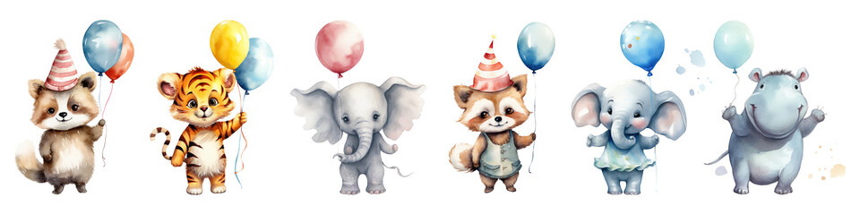 Fototapeta premium watercolor animals holding balloons png cut out element set