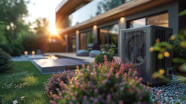 Modern house with a heat pump installed outside in the garden, providing sustainable energy