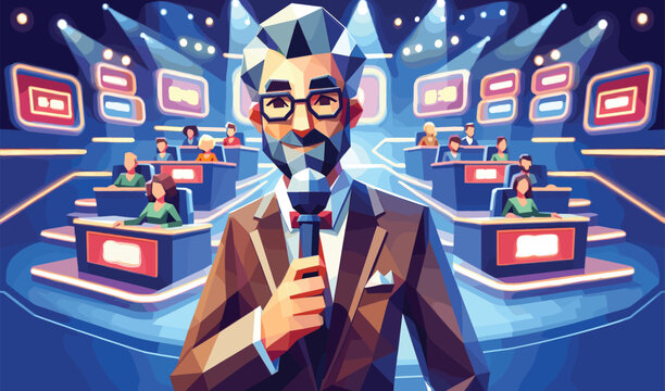 Low polygon of host of quiz game show ,character in game show studio, old man holding microphone and asking question, vector illustration