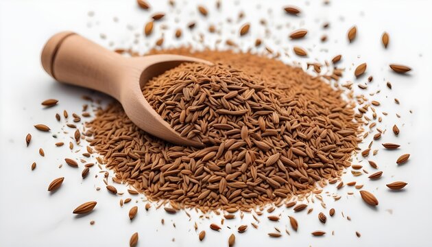 a side view of cumin seeds spilled from a small burlap pouch onto a white background