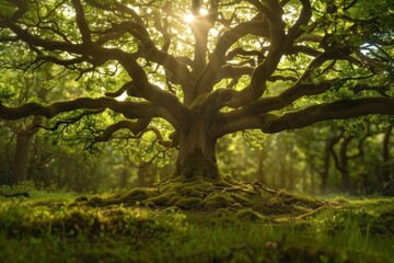 Obraz premium Majestic ancient tree bathed in golden sunlight with vibrant green leaves in a tranquil forest setting, perfect for nature and outdoors themes.