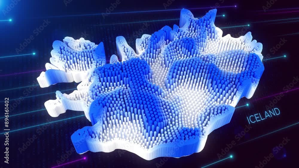 Poster 3d perspective motion view of blue and white dynamic hexagonal prism rippling iceland map and text w
