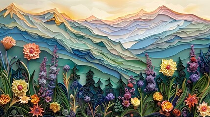 Paper quilling art of tranquil mountain landscape with delicate wildflowers and muted colors