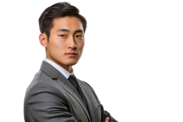 Portrait handsome Asian businessman sideways pose and looking at camera isolated on transparent background.