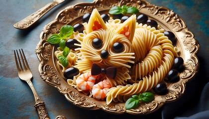 Image of Italian pasta in the shape of a cat on a gold plate. Food concept. Food background.Generative AI