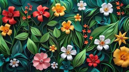 Paper quilling art of quiet garden with blooming flowers and gentle greens