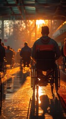 Several people in wheelchairs are walking down a street at sunset