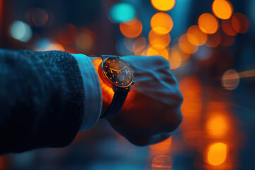 Businessman checking time on wristwatch in city at night