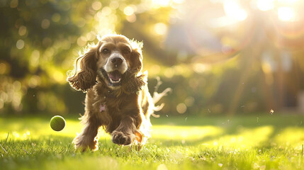 A happy Cocker Spaniel playing fetch in the park, copy space.