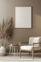 mockup photo of a frame viewed from the front in a luxurious modern living room, soft brown tones,