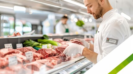 A man wearing a white chef's coat is holding a piece of meat in his gloved hand