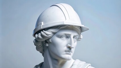 Obraz premium Classical marble sculpture wearing a modern hard hat, blending ancient art with contemporary safety equipment. Unique juxtaposition concept.