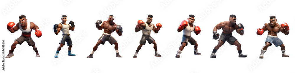 Poster 3D boxing cartoon character png cut out element set