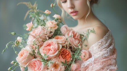 Naklejka premium Woman holding a bouquet of flowers in her hands