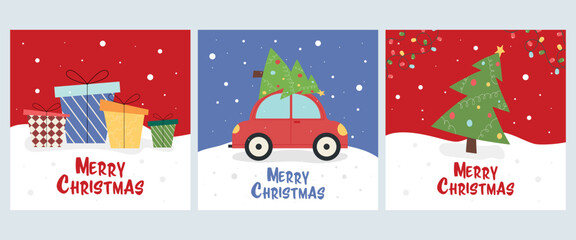 A set of cute vector Christmas cards. Three invitation cards for winter holidays. 