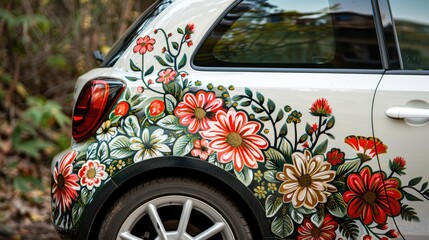 Floral decal patterns on a compact car's side doors.