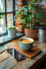 Fototapeta premium Enjoying a coffee break at the office with plants and notebook