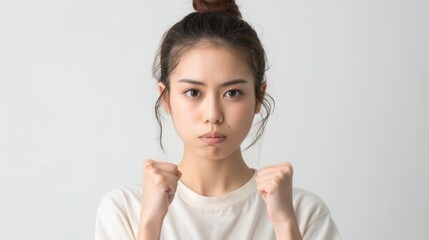 Japanese girl showing determination with a focused expression on a white background