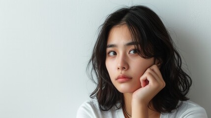 Fototapeta premium Japanese girl in a thoughtful pose with a pensive expression on a white background