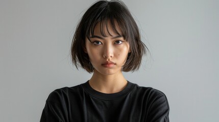 Japanese girl showing determination with a focused expression on a white background