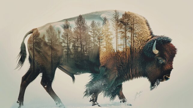The image is a watercolor painting of a bison walking in a snowy forest