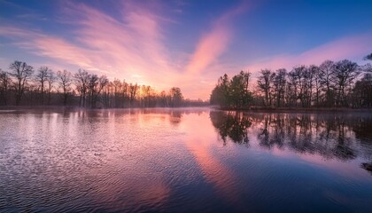 Naklejka premium Spring's First Light: A Peaceful Morning by the Lake