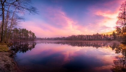 Fototapeta premium Dawn's Tranquility: Early Spring Sunrise on Calm Waters
