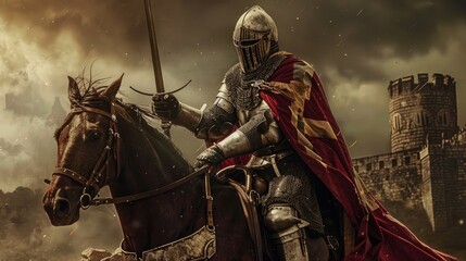 Naklejka premium Medieval knight on horseback, ready for battle.
