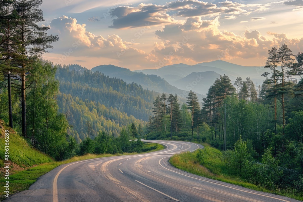 Poster a scenic winding road surrounded by trees in a dense forest