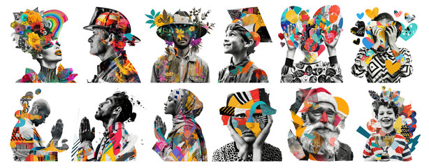 Colorful paper collage portrait png cut out element set