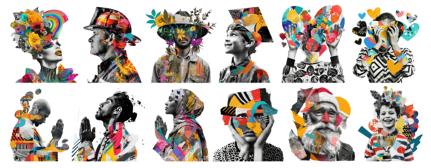 Colorful paper collage portrait png cut out element set