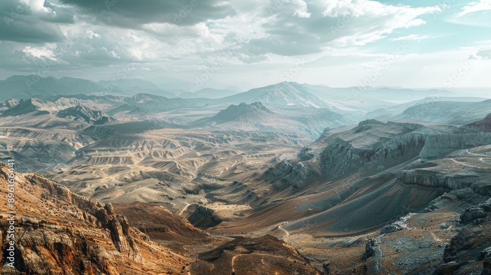 Poster a view of a mountain range with a cloudy sky, suitable for travel or adventure themed projects
