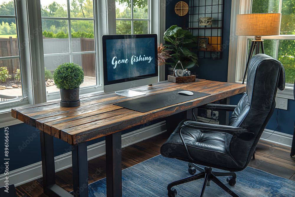Poster home office showing rustic desk with computer displaying gone fishing screen near window