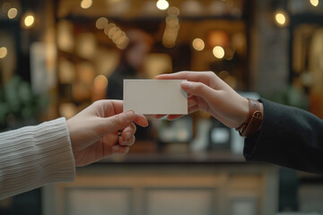 Businesswoman giving empty business card in blurred background