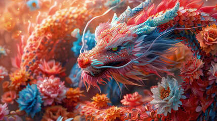 Gorgeous and colorful dragon surrounded by pink flowers. Ancient mystical animal symbolizes strength and wisdom in Chinese horoscope, marking vibrant New Year. One of symbols of traditional calendar.