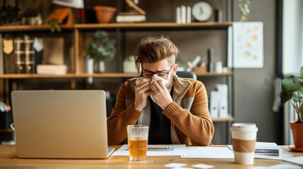A man in a casual outfit is sitting at a desk in a home office, using a tissue to blow his nose while working on a laptop.