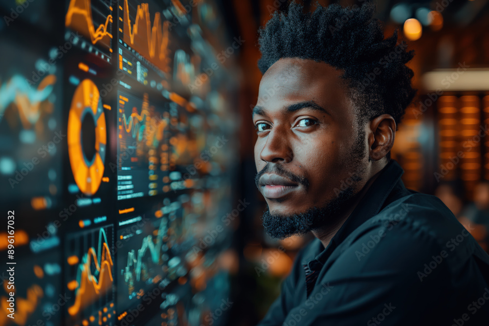 Poster businessman analyzing graphs on multiple computer screens