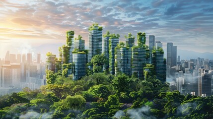 Sustainable cityscape with advanced renewable energy infrastructure and smart technology.
