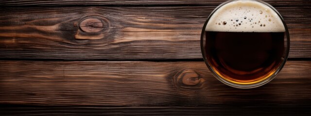 Top View of Frothy Beer on Dark Brown Wood with Blank Area for Text