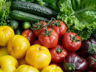 Close-up of a colorful assortment of vegetables, including tomatoes, cucumbers, and lettuce, arranged in a fresh and appetizing display