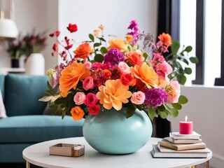 A bright and colorful floral arrangement in the living room