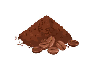 Ground coffee heap and beans isolated on white background. Vector cartoon illustration.