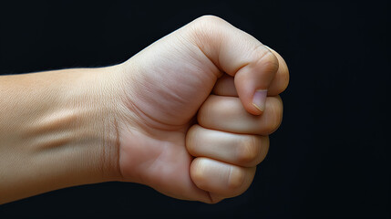Obraz premium Close-up of a clenched fist against a black background, symbolizing strength, determination, and resolve. The image focuses on the tight grip and defined knuckles.